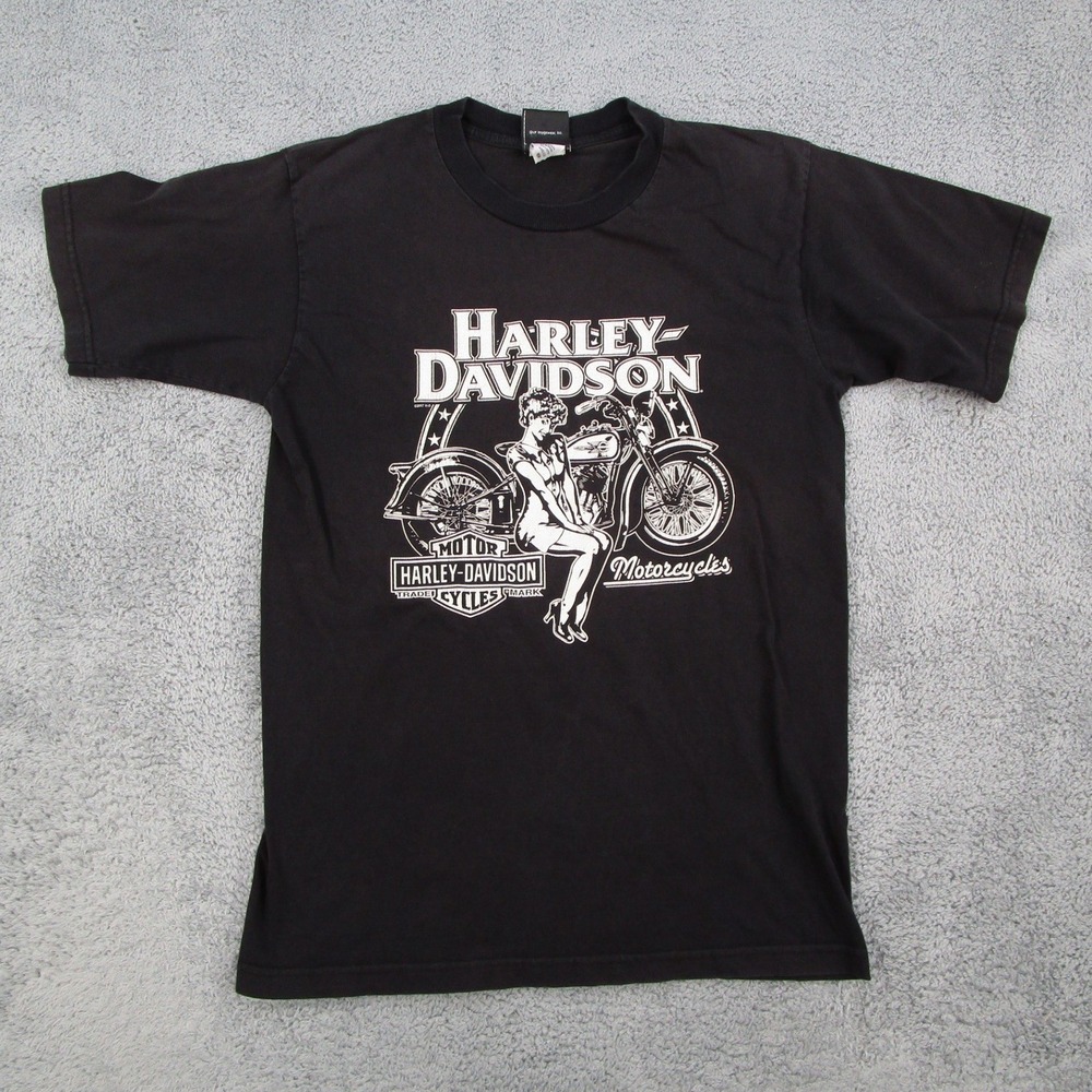 Harley-Davidson Mens T-Shirt Medium Black Pinup Girl Italy Graphic 2007 Vintage